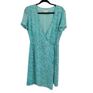 90's Pastel Aqua‎ Blue Micro Floral Short Sleeve Tea Length Wrap Dress Sz 10